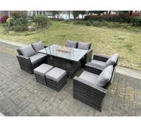 Fimous Rattan Outdoor Furniture Gas Fire Pit Rectangle Dining Table Gas Heater Chairs Two Seater Love Sofa Sets Footstools 8 Seater Dark Grey