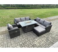 Fimous Rattan Outdoor Furniture Gas Fire Pit Rectangle Dining Table Gas Heater Reclining Chair 3 Seater Sofa Sets with Big Footstool 8 Seater