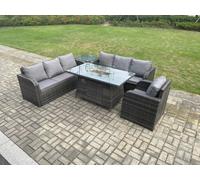 Rattan Outdoor Furniture Gas Fire Pit Dining Table Gas Heater Reclining Chair 3 Seater Sofa Sets with Side Table 7 Seater Fimous Dark Grey One Size