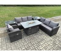 Fimous Rattan Outdoor Furniture Gas Fire Pit Rectangle Dining Table Gas Heater Reclining Chair 3 Seater Sofa Sets with 2 Side Tables 7 Seater
