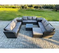 Fimous Rattan Outdoor Furniture Set Patio Garden Sofa Set With Square Coffee Table Big Footstool 2 Side Tables Dark Grey Mixed