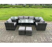 Fimous Rattan Outdoor Furniture Sofa Garden Dining Set with Dining Table 2 Armchairs 2 Side Tables Small Stools Dark Grey Mixed