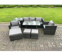 Fimous Rattan Outdoor Furniture Sofa Garden Dining Set with Dining Table 2 Armchairs Side Table 3 Stools 8 Seater Dark Grey Mixed