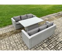 Fimous Rattan Outdoor Garden Funiture Set Height Adjustable Rising Lifting Table Sofa Dining Set with Light Grey