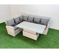 Fimous 6 Seat Rattan Outdoor Garden Furniture Corner Sofa Set Adjustable Lifting Dining or Coffee Table Set Light Grey