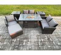 Fimous Rattan Outdoor Garden Furniture Gas Fire Pit Table Sets Gas Heater with Love Sofa Armchair 2 Side Tables Big Footstool 6 Seater in Dark Grey Fimous Dark Grey
