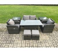 Fimous Rattan Outdoor Garden Furniture Set Rectangular Dining Table and Chair Sofa Set With 2 Side Tables 2 Small Footstools Dark Grey Mixed