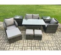 Fimous Rattan Outdoor Garden Furniture Set Rectangular Dining Table and Chair Sofa Set With 2 Side Tables 3 Footstools Dark Grey Mixed