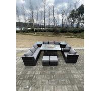 Fimous Rattan Outdoor Garden Furniture Set with Gas Fire Pit Dining Table, 2 Sofas, 2 Chairs, 2 Side Tables, 2 Footstools - 10 Seater - Dark Grey