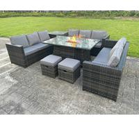 Fimous Rattan Outdoor Garden Furniture Set with Gas Fire Pit Dining Table, 3 Sofas, 1 Side Table, 2 Small Footstools - 11 Seater - Dark Grey