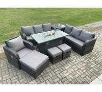 10 Seater Wicker Rattan Garden Furniture Set Gas Fire Pit Dining Table Reclining Chair 3 Seater Sofa Set Indoor Outdoor with Footstools Fimous Dark Grey One Size