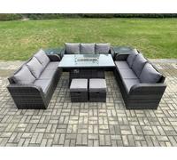 Fimous Rattan Outdoor Garden Furniture Set with Gas Fire Pit Table, 2 Side Tables, 3 Sofas, 2 Footstools - 11 Seater - Dark Grey
