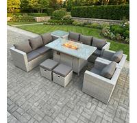 Fimous Rattan Outdoor Garden Furniture Set with Gas Fire Pit Table, 2 Sofas, 2 Chairs, 2 Foot Stools, 1 Side Table - 10 Seater - Light Grey