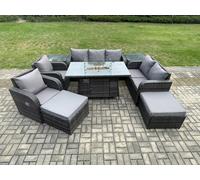 PE Wicker Outdoor Rattan Garden Furniture Set Propane Gas Fire Pit Table and Sofa Chair set with 2 Side Tables 2 Big Footstool Fimous Dark Grey One Size