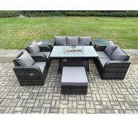 Fimous Rattan Outdoor Garden Furniture Set with Gas Fire Pit Table, 2 Sofas, 2 Chairs, 2 Side Tables & Large Footstool - 8 Seater - Dark Grey