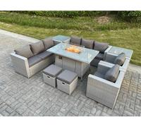 Fimous Rattan Outdoor Garden Furniture Set with Gas Fire Pit Table, 2 Sofas, 2 Side Tables, 2 Chairs, 2 Footstools - 10 Seater - Light Grey