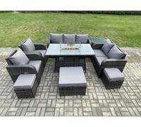 Fimous Rattan Outdoor Garden Furniture Set with Gas Fire Pit Table, 2 x Sofas, 2 Chairs, 3 Footstools, 1 Side Table - 10 Seater - Dark Grey