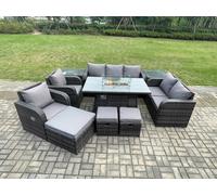 PE Wicker Outdoor Rattan Garden Furniture Set Propane Gas Fire Pit Table and Sofa Chair set with 3 Footstools 2 Side Tables Fimous Dark Grey One Size
