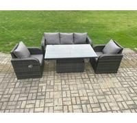Fimous Rattan Outdoor Garden Furniture Sets Height Adjustable Rising lifting Dining Table Lounge Sofa Set With Reclining Chair Dark Grey Mixed