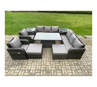 Fimous Rattan Outdoor Garden Furniture Sets Height Adjustable Rising lifting Dining Table Reclining Chair Sofa Set with 2 Side Tables 2 Big Footstools Dark Grey Mixed Dark Grey