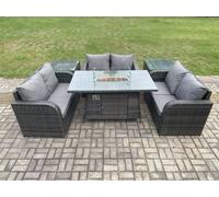 Fimous Rattan Outdoor Garden Furniture Sofa Set Gas Fire Pit Dining Table Gas Heater with 2 Side Tables Love Sofa Dark Grey Mixed Fimous Dark Grey