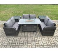 Fimous Rattan Outdoor Garden Furniture Sofa Set Gas Fire Pit Dining Table Gas Heater with 2 Side Tables Love Sofa Dark Grey Mixed