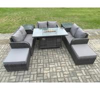 Fimous Rattan Outdoor Garden Furniture Sofa Set Gas Fire Pit Dining Table Gas Heater with 2 Side Tables Love Sofa 2 Big Footstool Dark Grey Mixed