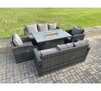 Fimous Rattan Outdoor Garden Furniture Sofa Set Gas Fire Pit Dining Table Gas Heater with 3 Seater Sofa Recling Chair 8 Seater Dark Grey Mixed