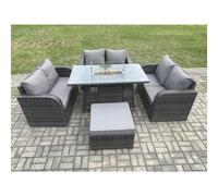 Fimous Rattan Outdoor Garden Furniture Sofa Set Gas Fire Pit Dining Table Gas Heater with Love Sofa Big Footstool Dark Grey Mixed Fimous Dark Grey