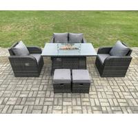 Fimous Rattan Outdoor Garden Furniture Sofa Set Gas Fire Pit Dining Table Gas Heater with Love Sofa 2 Small Footstool Dark Grey Mixed