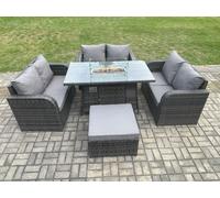 Fimous Rattan Outdoor Garden Furniture Sofa Set Gas Fire Pit Dining Table Gas Heater with Love Sofa Big Footstool Dark Grey Mixed Fimous Dark Grey