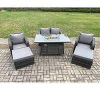 Fimous Rattan Outdoor Garden Furniture Sofa Set Gas Fire Pit Dining Table Gas Heater with Love Sofa 2 Big Footstool Dark Grey Mixed Fimous Dark Grey