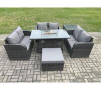 Fimous Rattan Outdoor Garden Furniture Sofa Set Gas Fire Pit Dining Table Gas Heater with Side Table Love Sofa Big Footstool Dark Grey Mixed