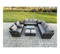 Fimous Rattan Outdoor Garden Furniture Sofa Set Patio Table & Chairs Set with Side Table 2 Small Footstools Dark Grey Mixed