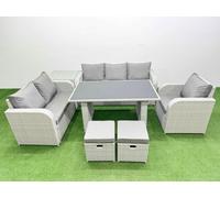Fimous Rattan Outdoor Table Reclining Chair Sofa Set with Side Table 2 Small Stools Light Grey 8 Seater