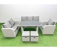 Fimous Rattan Outdoor Table Reclining Chair Sofa Set with Side Table 2 Small Stools Light Grey 8 Seater