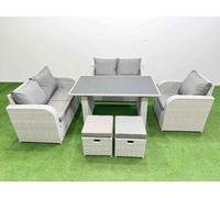 Fimous Rattan Sofa Outdoor Furniture with Dining Table,Love Sofa,2 Small Stools Patio Furniture Light Grey 7 Seater Light Grey