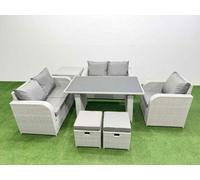 Fimous Rattan Sofa Outdoor Furniture With Dining Table,side Table,love Sofa,2 Small Stools Patio Furniture Light Grey 7 Seater