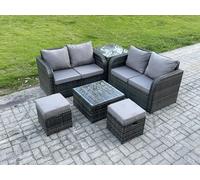 Fimous Rattan Sofa Set Outdoor Garden Furniture Set with Square Coffee Table Loveseat Sofa 2 Small Footstool Side Table Dark Grey Mixed Fimous Dark Grey