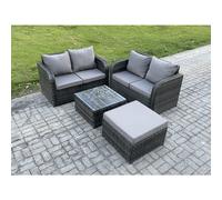Fimous Rattan Sofa Set Outdoor Garden Furniture Set with Square Coffee Table Loveseat Sofa Big Footstool Dark Grey Mixed