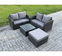 Fimous Rattan Sofa Set Outdoor Garden Furniture Set With Square Coffee Table Loveseat Sofa Big Footstool Dark Grey Mixed