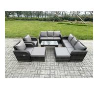 Fimous Rattan Wicker Garden Furniture Patio Conservatory Sofa Set With Rectangular Coffee Table Reclining Chair 2 Big Footstool