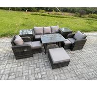 Fimous Rattan Wicker Garden Furniture Patio Conservatory Sofa Set with Rectangular Dining Table Reclining Chair 3 Seater Sofa