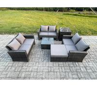 Fimous 7 Seater Rattan Wicker Garden Furniture Patio Conservatory Sofa Set with Square Coffee Table Double Seat Sofa Big Footstool Side Table