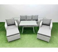 Fimous Reclining Chair 3 Seat Sofa Set Garden Furniture Set with Rectangular Dining Table 2 Side Tables 2 Big Footstools Light Grey