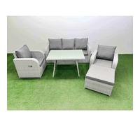 Fimous Reclining Chair 3 Seat Sofa Set Garden Furniture Set With Rectangular Dining Table Big Footstool Light Grey