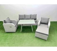 Fimous Reclining Chair 3 Seat Sofa Set Garden Furniture Set with Rectangular Dining Table Big Footstool Light Grey