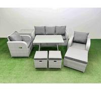 Fimous 8 Seater Garden Furniture Set with 2 Reclining Chairs, 3 Seat Sofa, Rectangular Dining Table, Side Table & 3 Footstools - Light Grey
