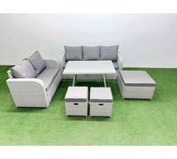Fimous Outdoor PE Rattan Garden Furniture Set Rectangular Dining Table Sofa Set with 3 Stool Light Grey