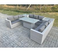 Fimous U Shape Lounge Rattan Garden Furniture Set Adjustable Rising Lifting Table Dining Set With 2 Pc Side Coffee Tea Table Stool